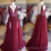 Long Tulle V-neck Semi Formal Prom Dresses Sequin Beaded Evening Gowns